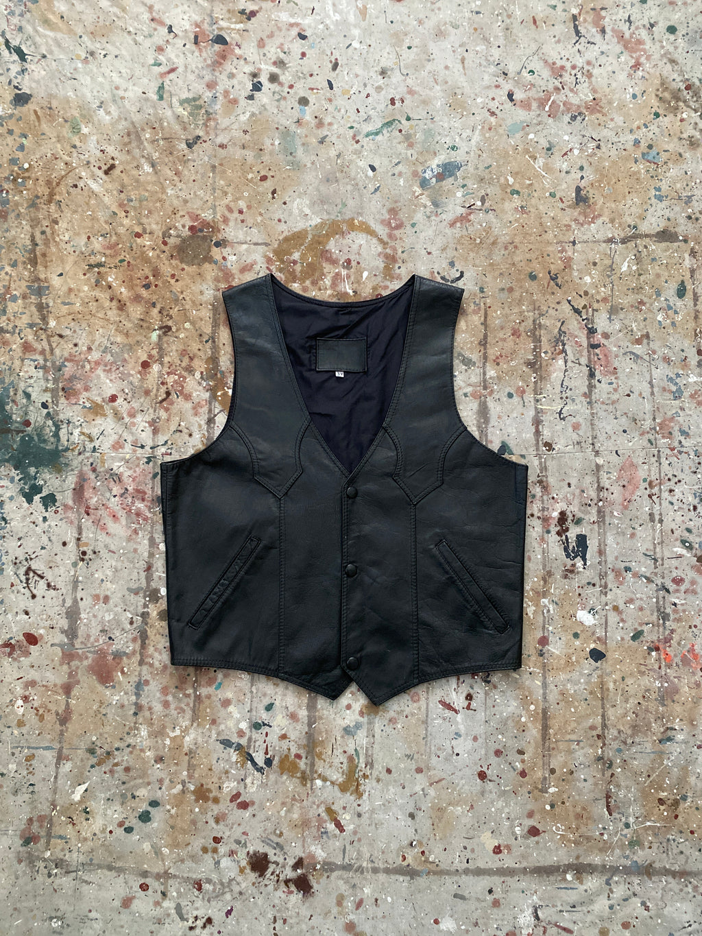 80s black leather snap button vest
