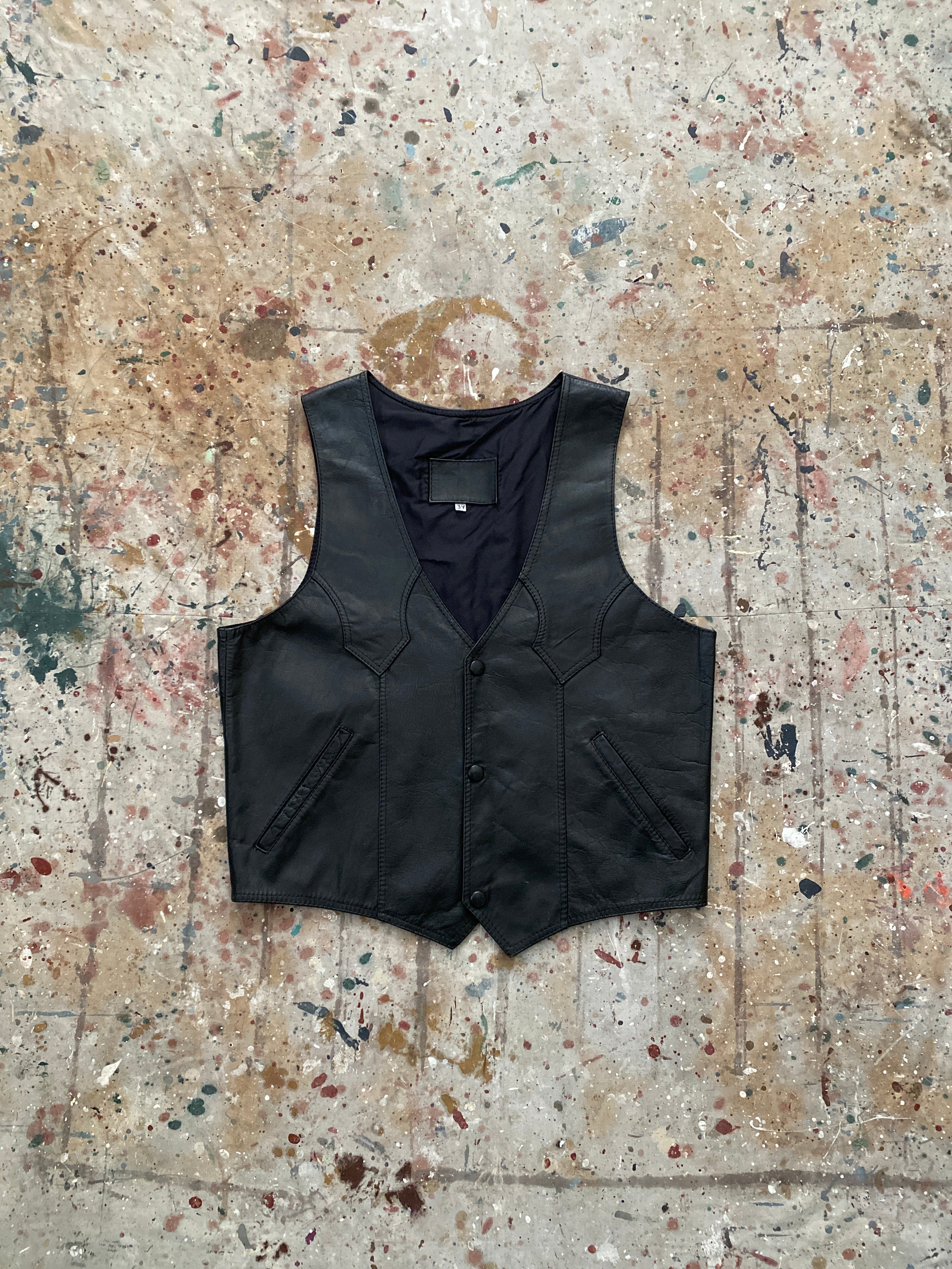 80s black leather snap button vest
