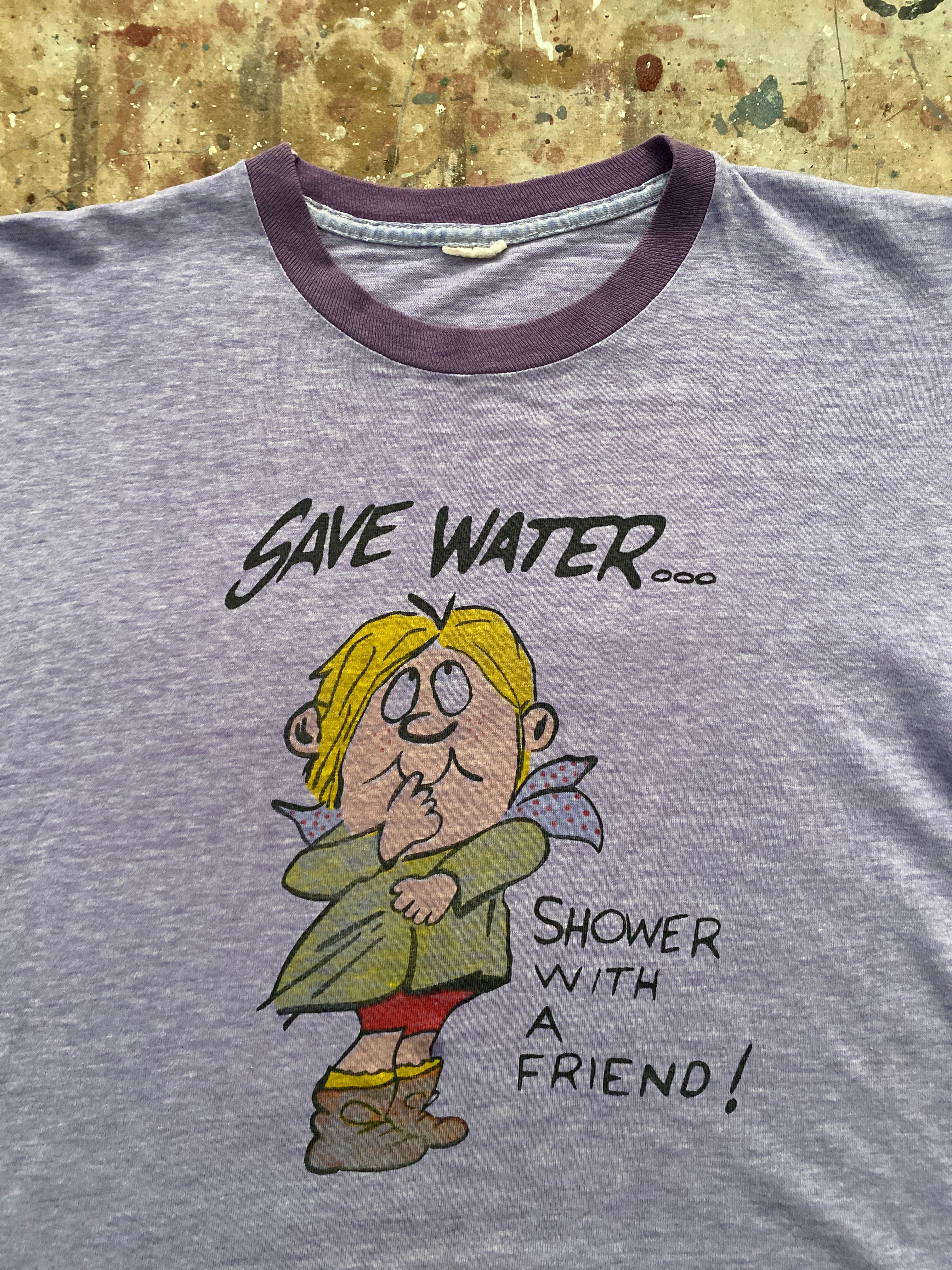 70s "save water" heather purple ringer tee