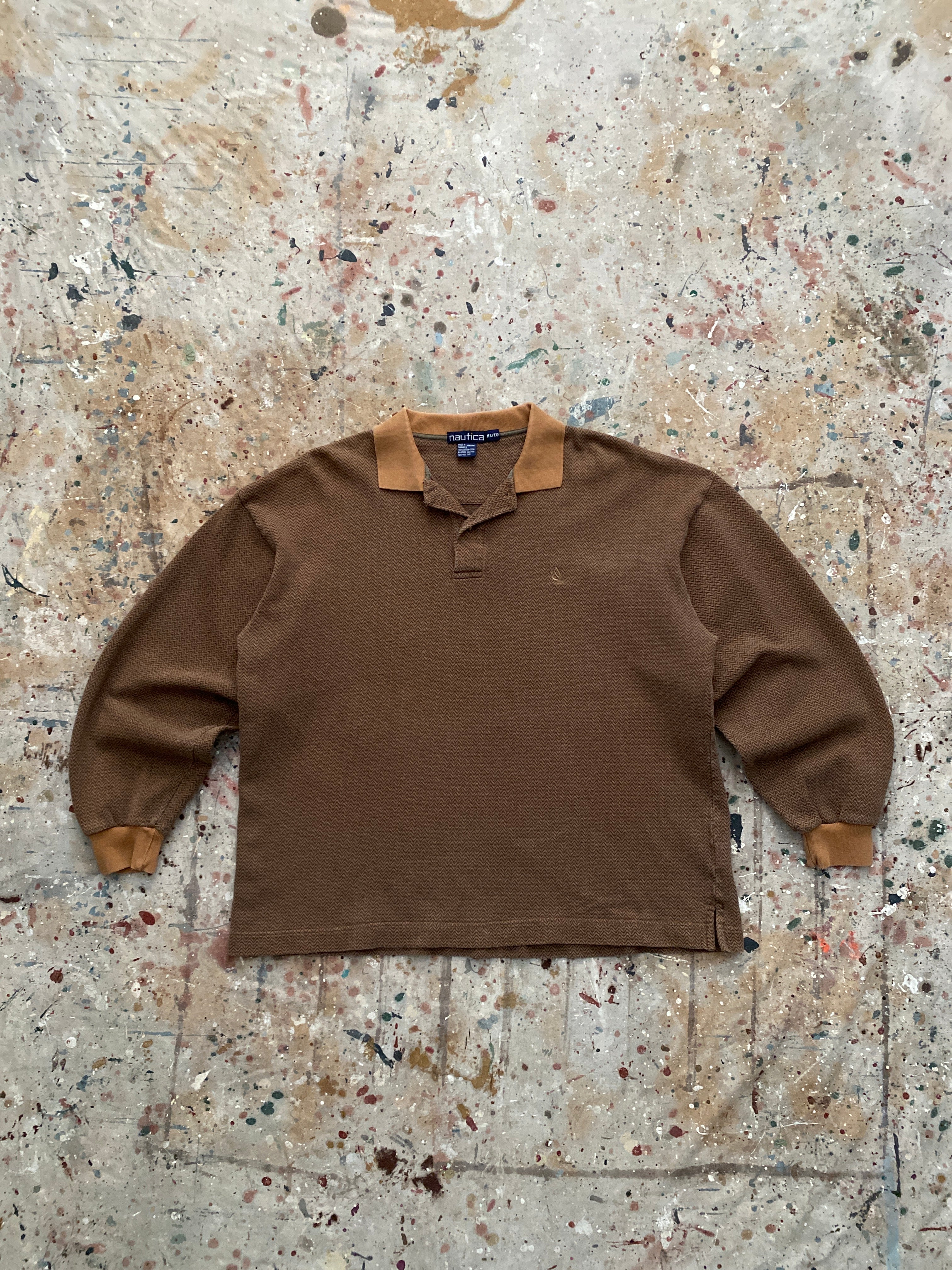 90s earth tone long sleeve knit polo shirt