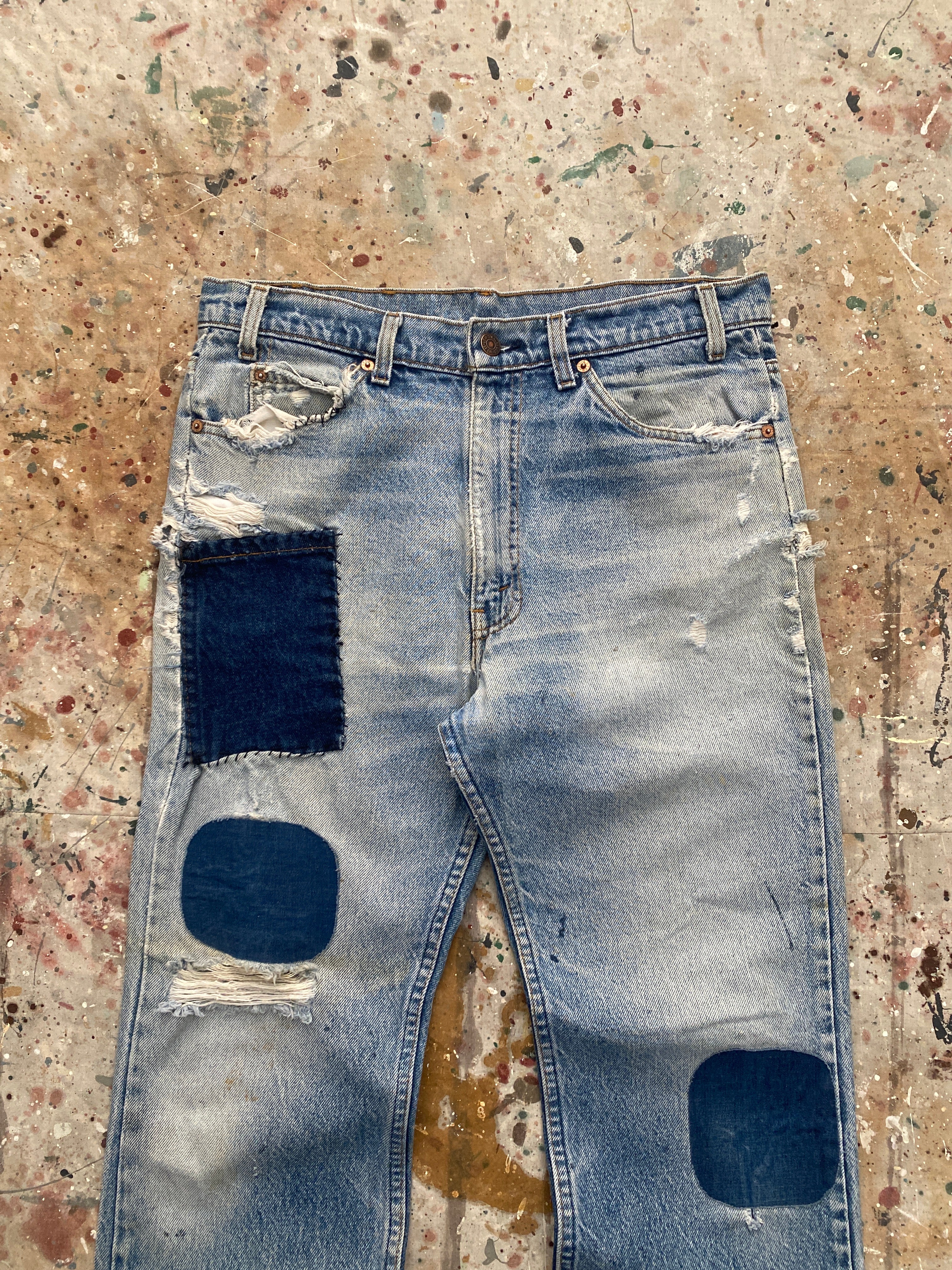 80s levi's 517 distressed patched jeans