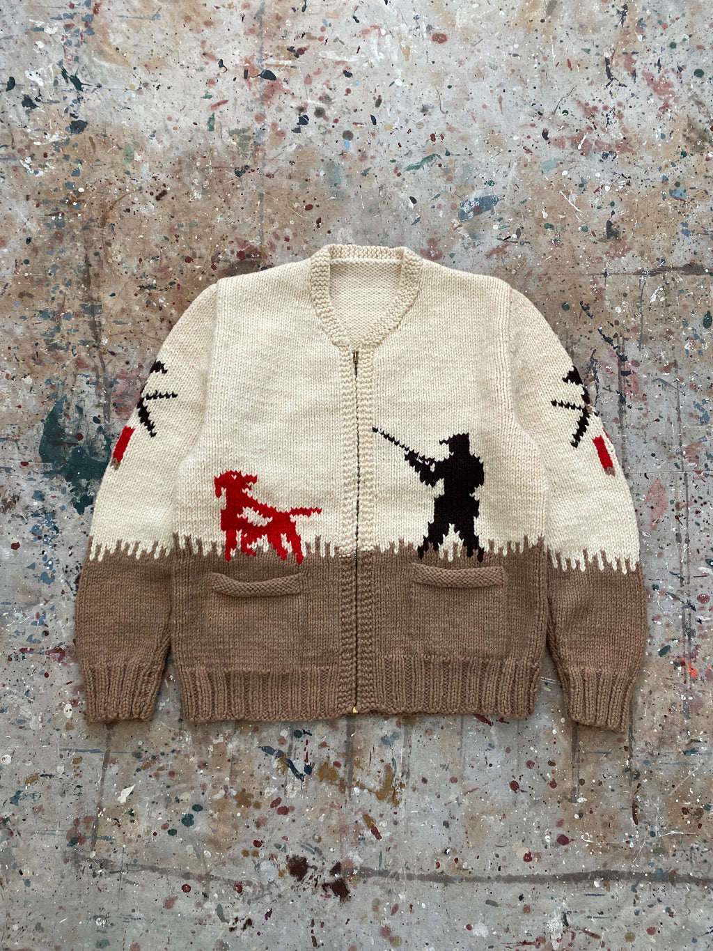 cowichan hunting motif zip up knit sweater