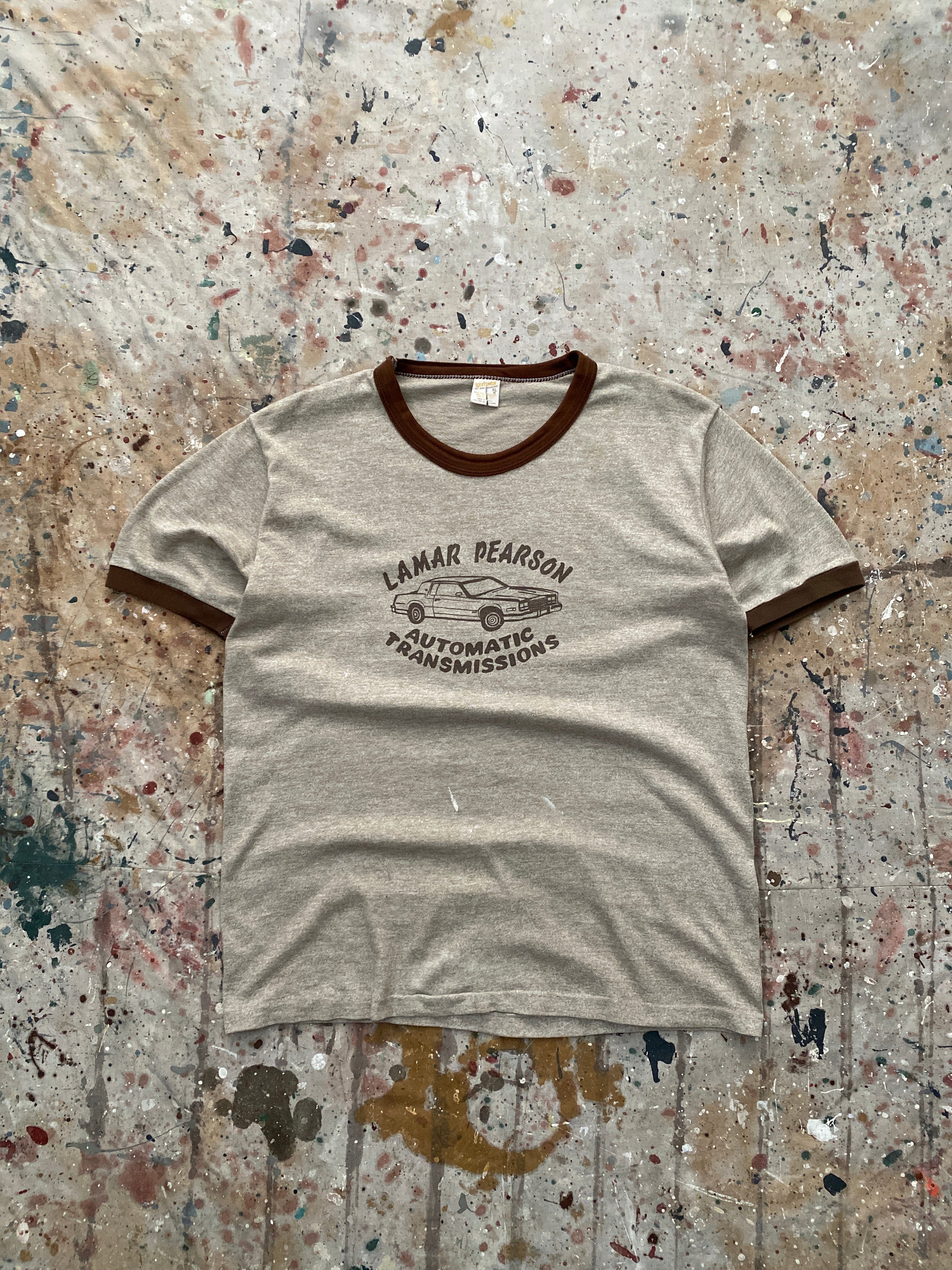 80s brown "automatic transmissions" ringer tee