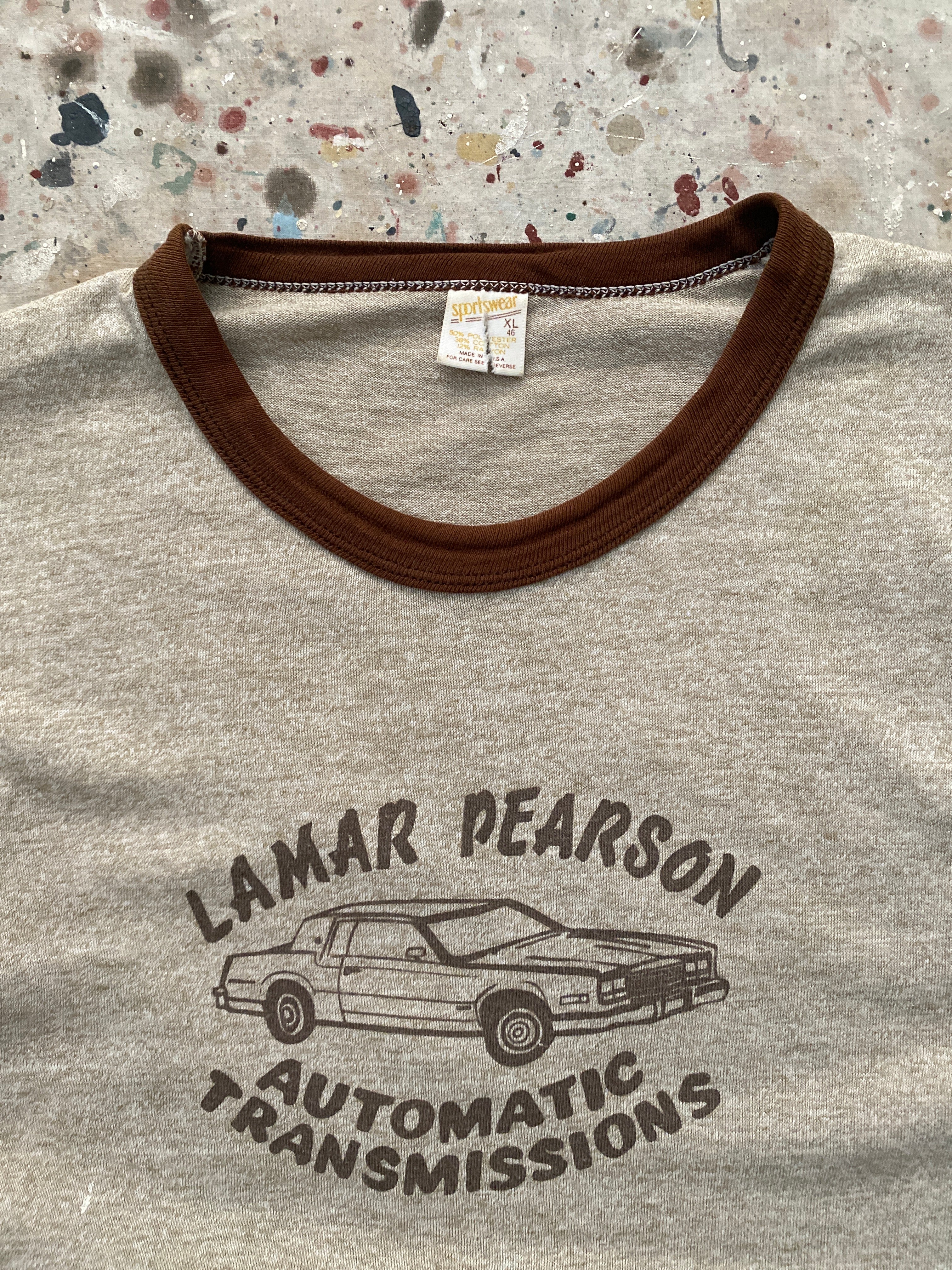 80s brown "automatic transmissions" ringer tee