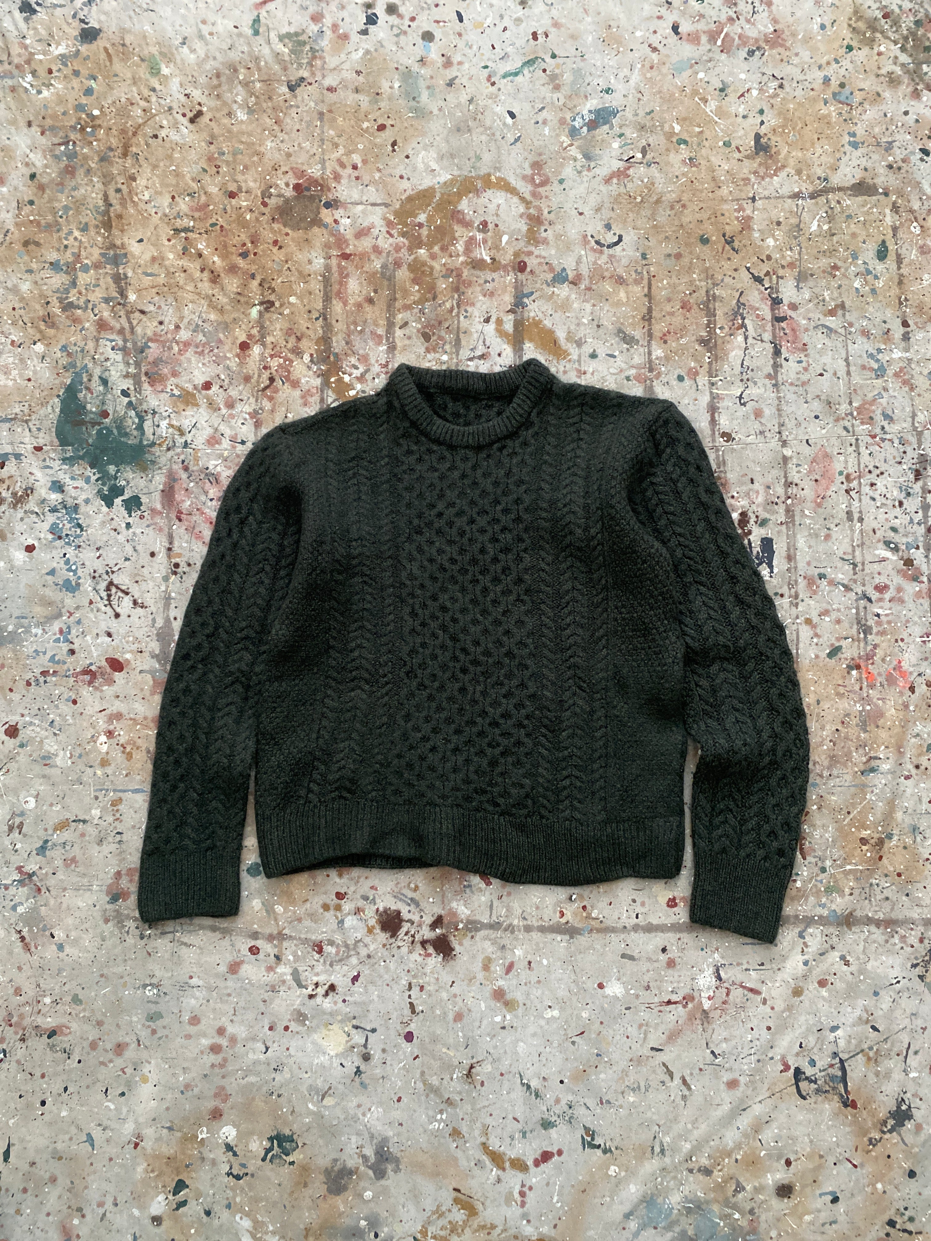 dark green hand knit wool fishermans sweater