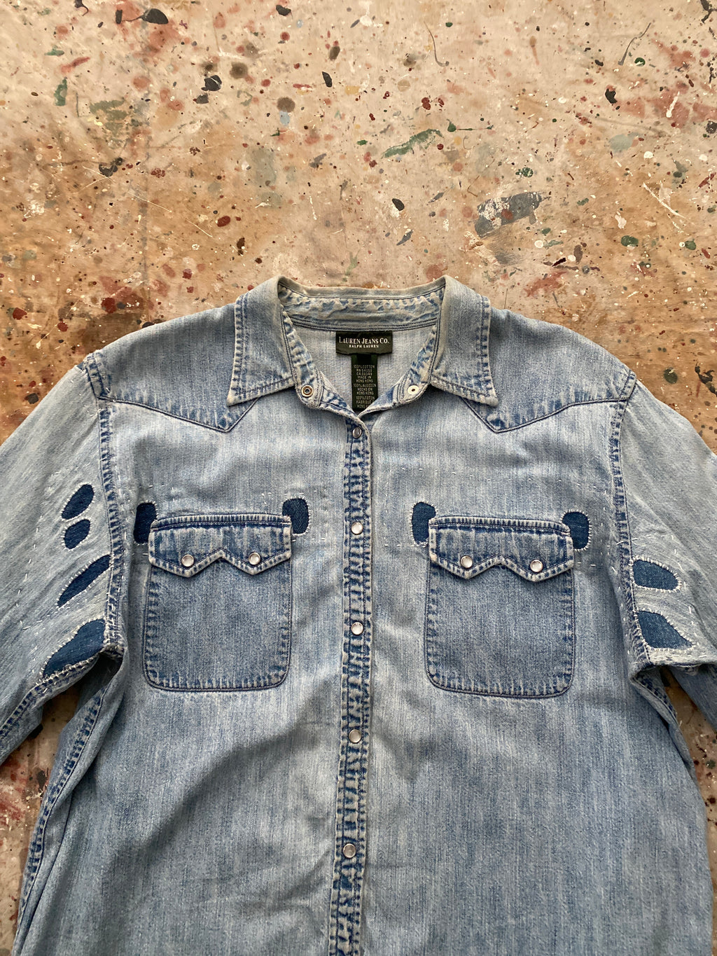 00s LRL repaired pearl snap denim western shirt
