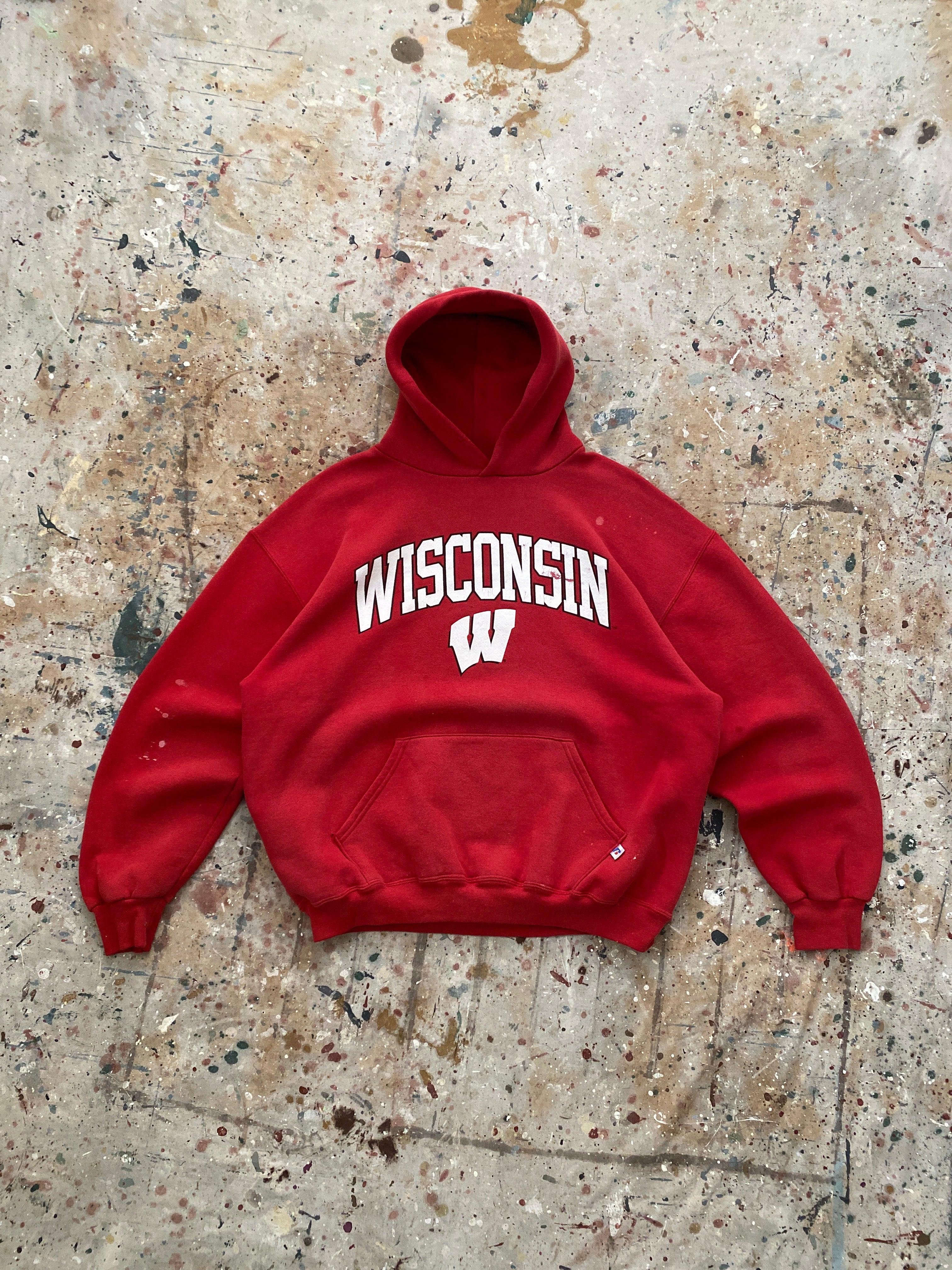 00s faded red distressed wisconsin russell hoodie