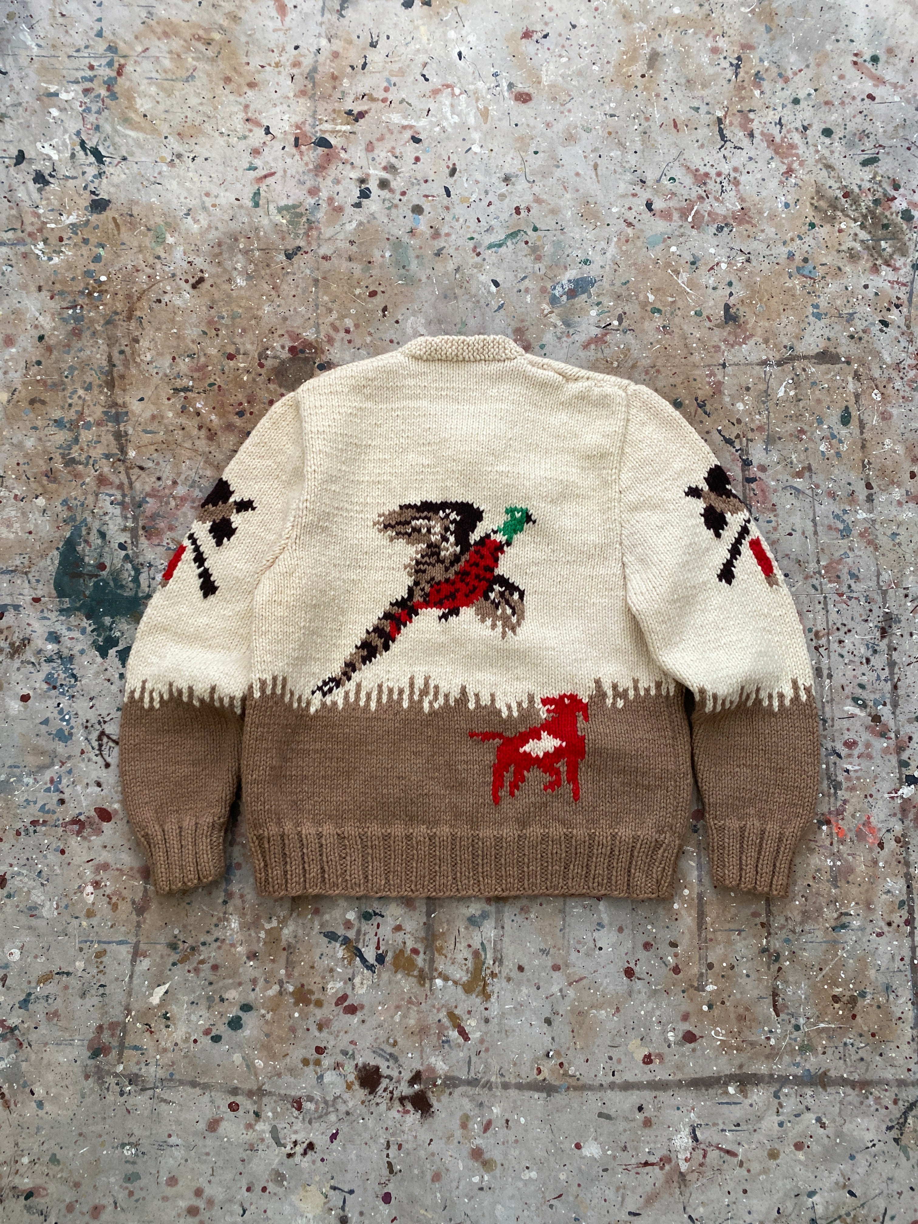 cowichan hunting motif zip up knit sweater