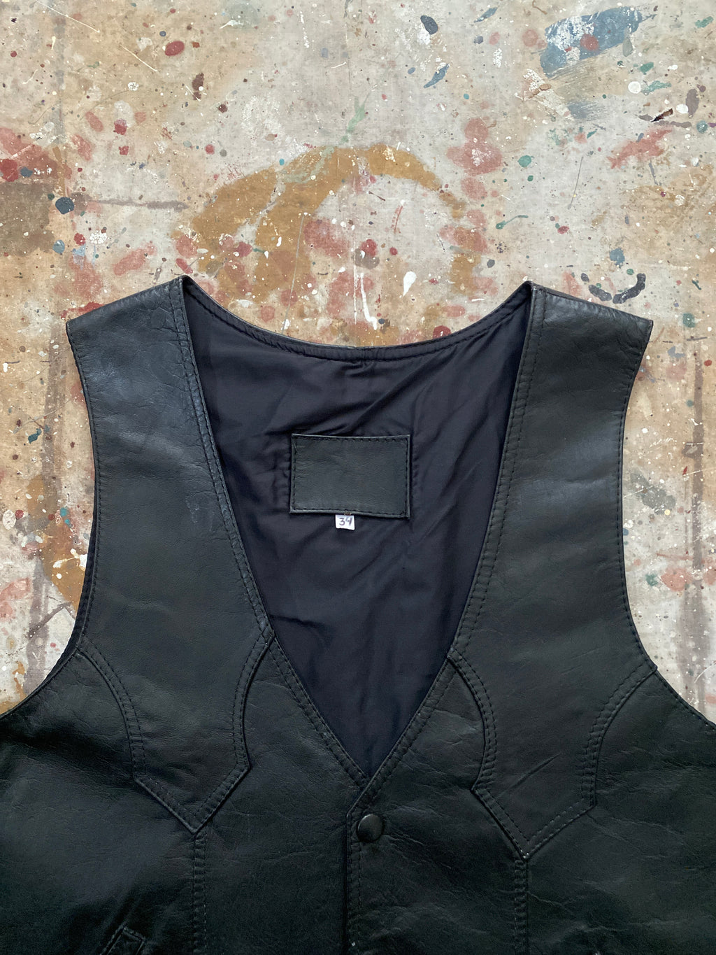 80s black leather snap button vest