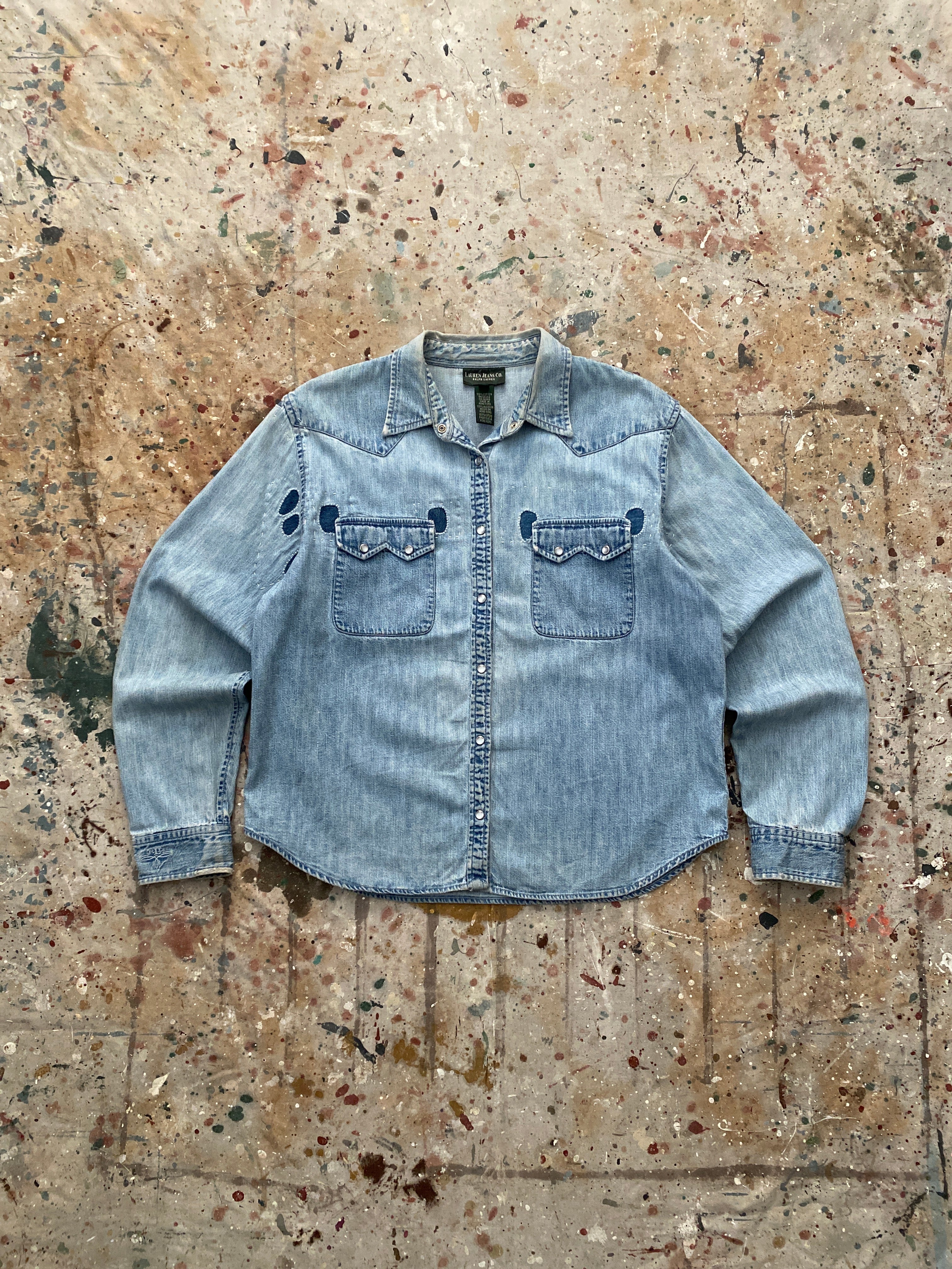 00s LRL repaired pearl snap denim western shirt