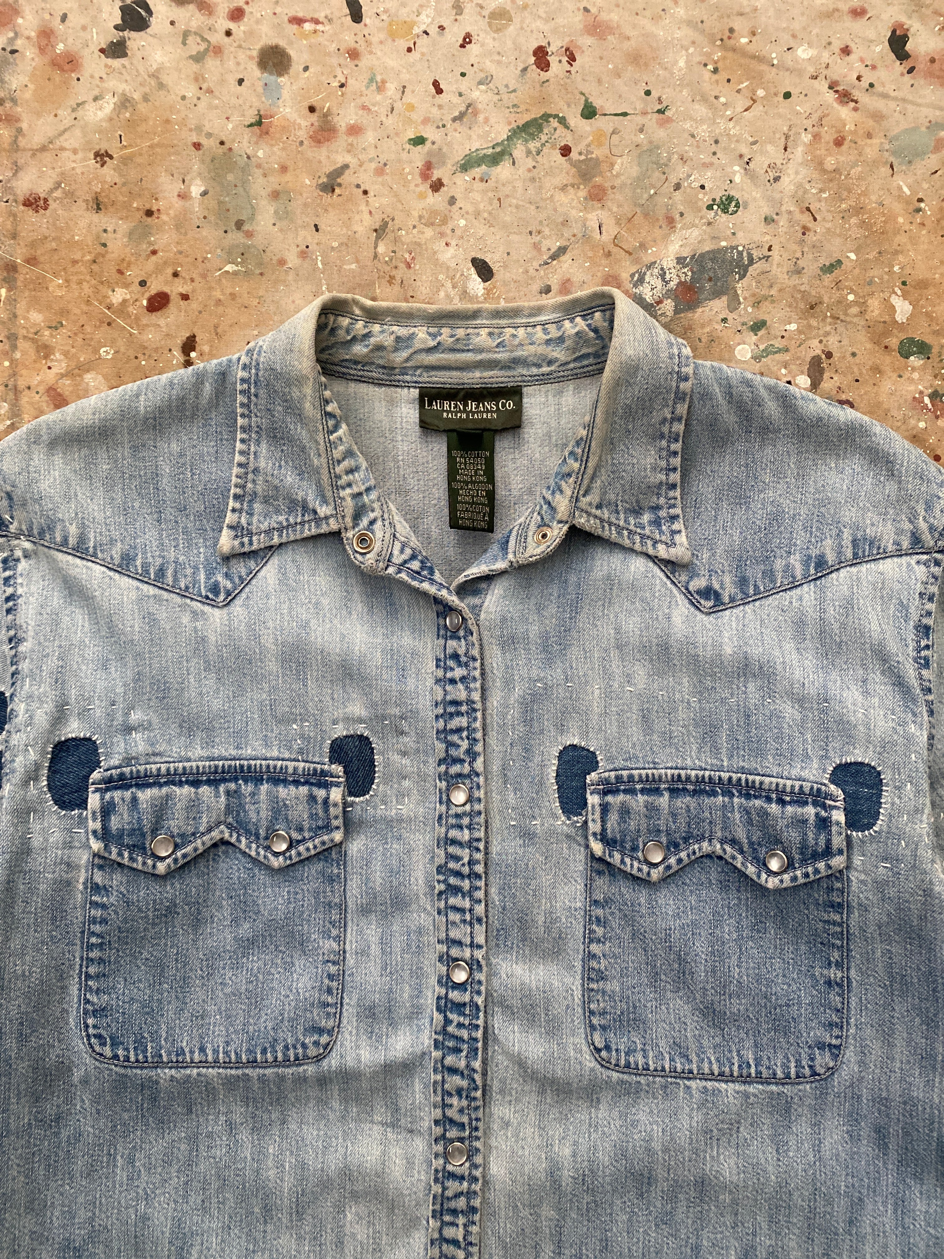 00s LRL repaired pearl snap denim western shirt