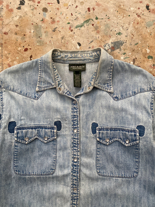 00s LRL repaired pearl snap denim western shirt