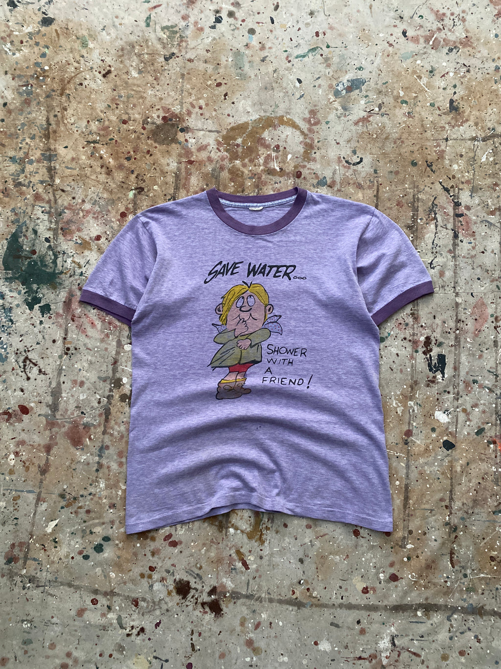 70s "save water" heather purple ringer tee