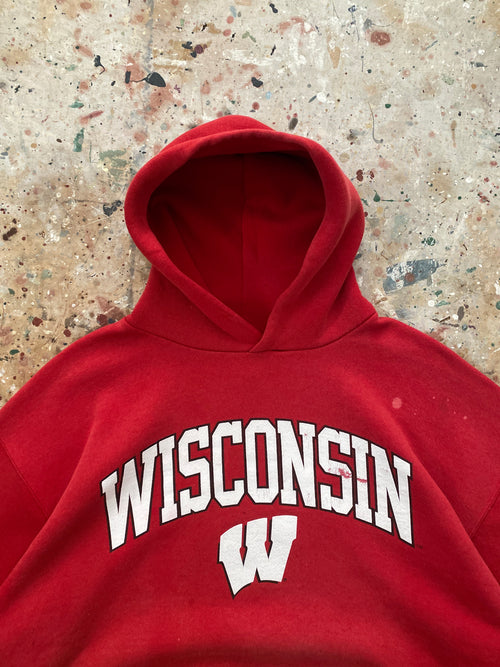 00s faded red distressed wisconsin russell hoodie