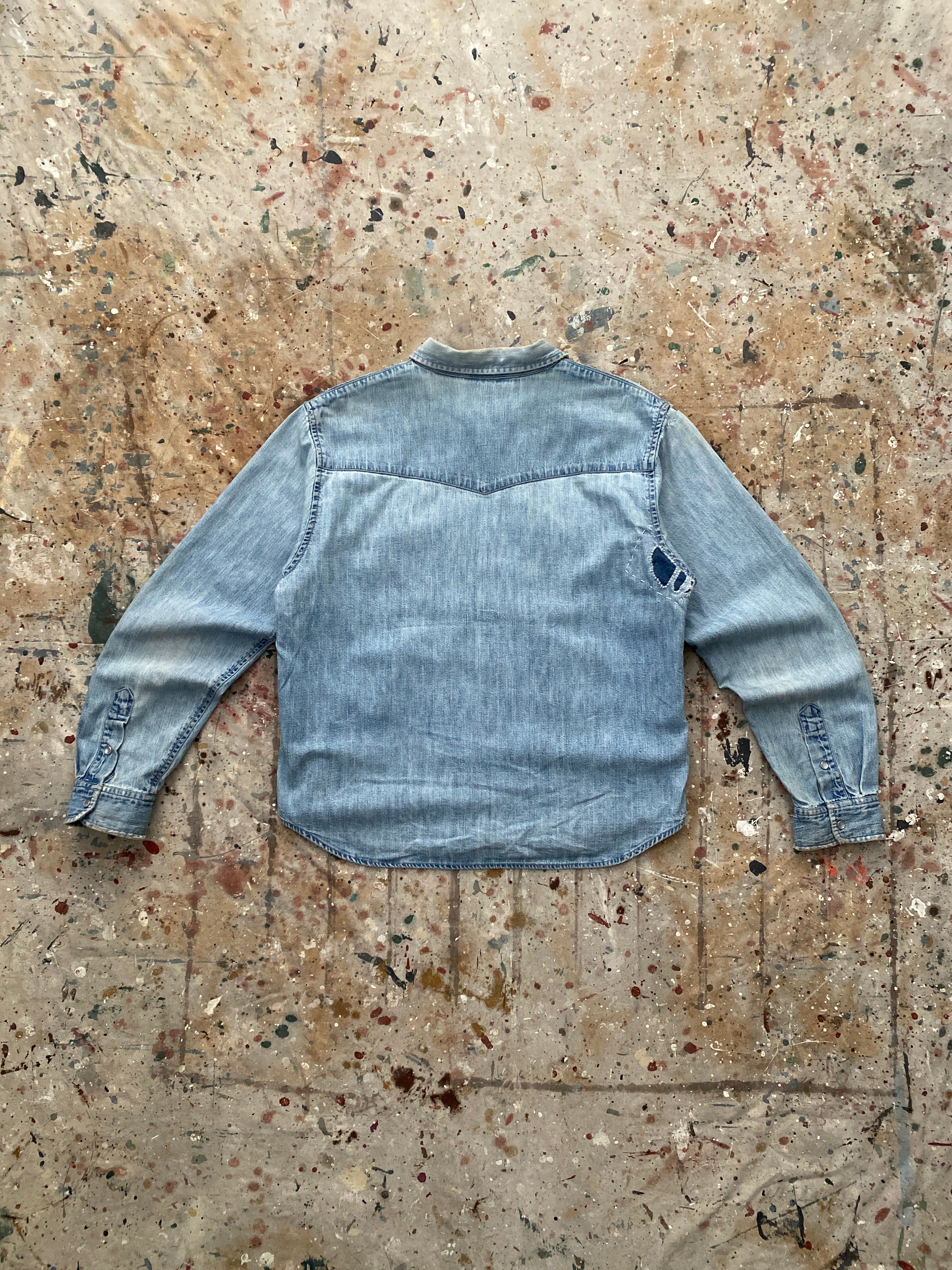 00s LRL repaired pearl snap denim western shirt