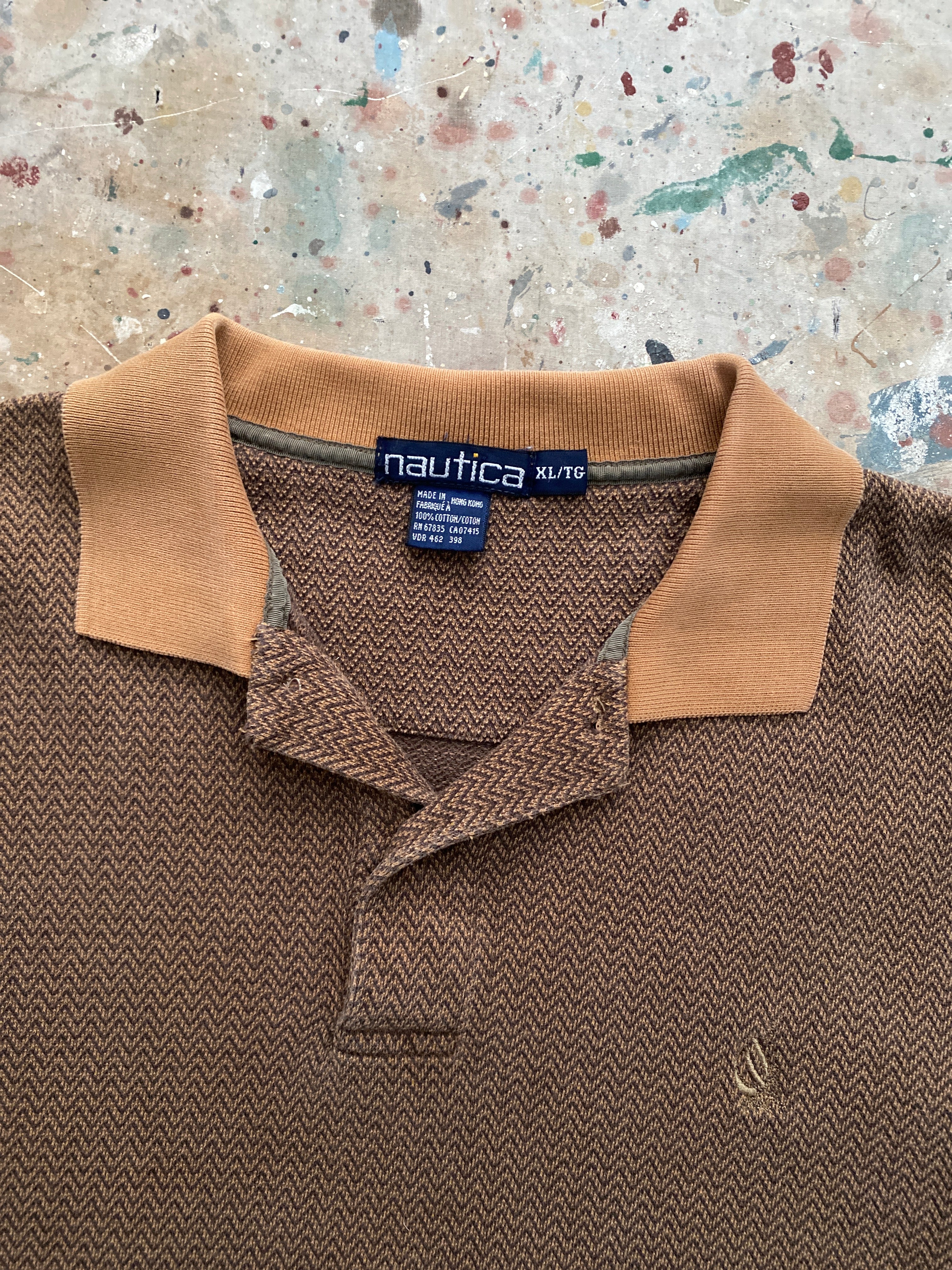 90s earth tone long sleeve knit polo shirt